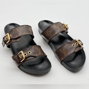 Louis Vuitton Bom Dia Brown LV Canvas Slide Sandals Buckle Flat Mule EU 38 US 8